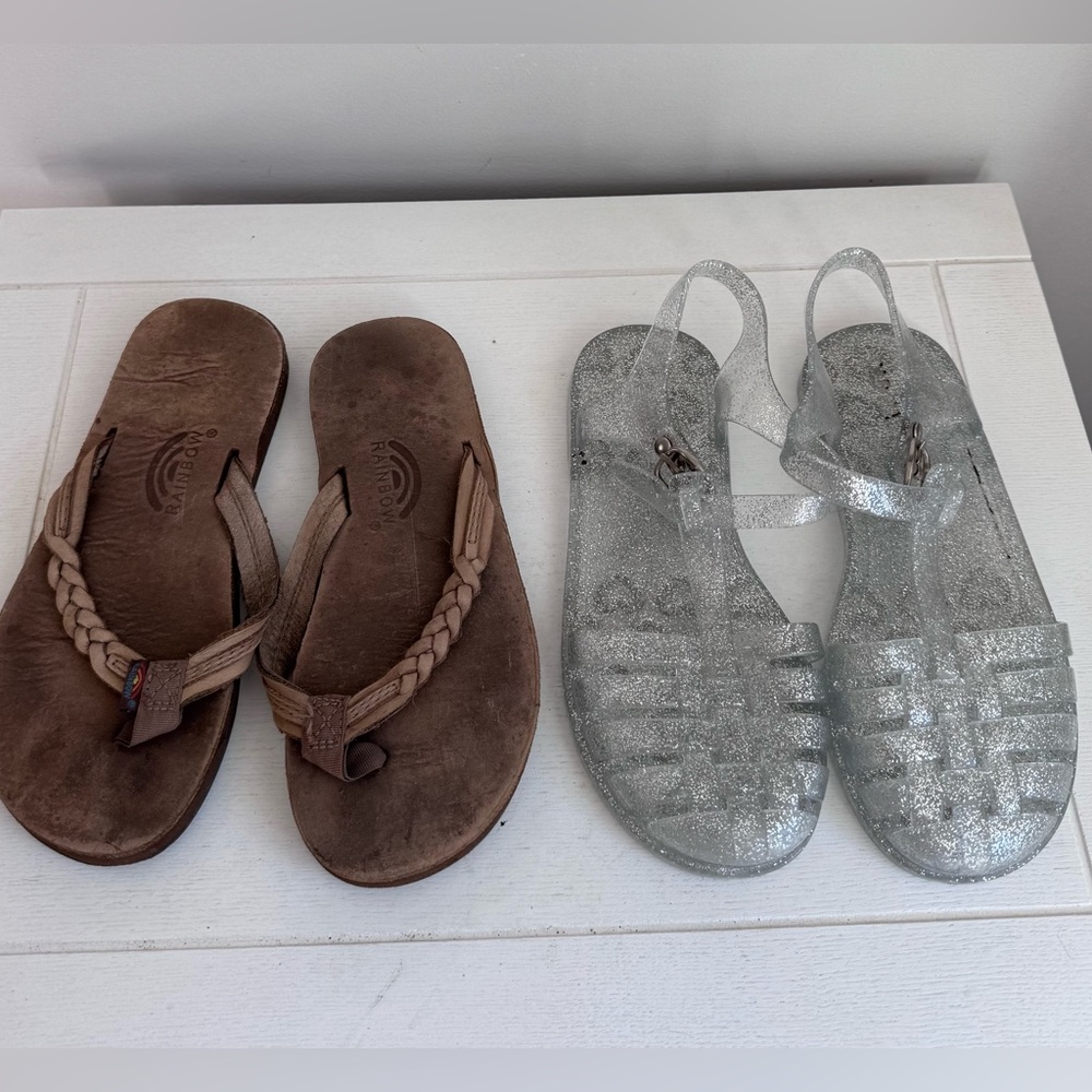 Rainbow 🌈 leather flip flops and Old Navy Jelly shoes